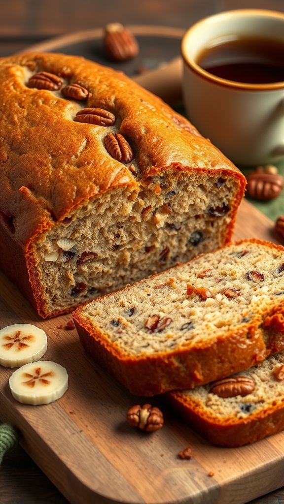 Sliced banana nut bread with pecans on a wooden board, showcasing a moist texture and inviting appearance.